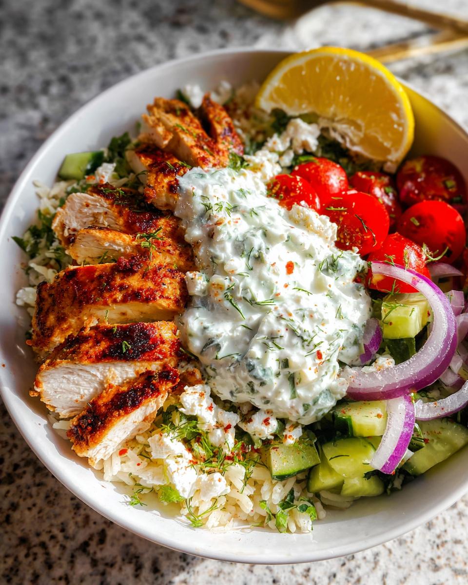 Quick Greek Chicken Bowls with Creamy Tzatziki 4 A delicious bowl of Greek Chicken Bowls with Tzatziki, featuring sliced chicken, rice, cucumber, tomatoes, feta, and a dollop of creamy tzatziki sauce.