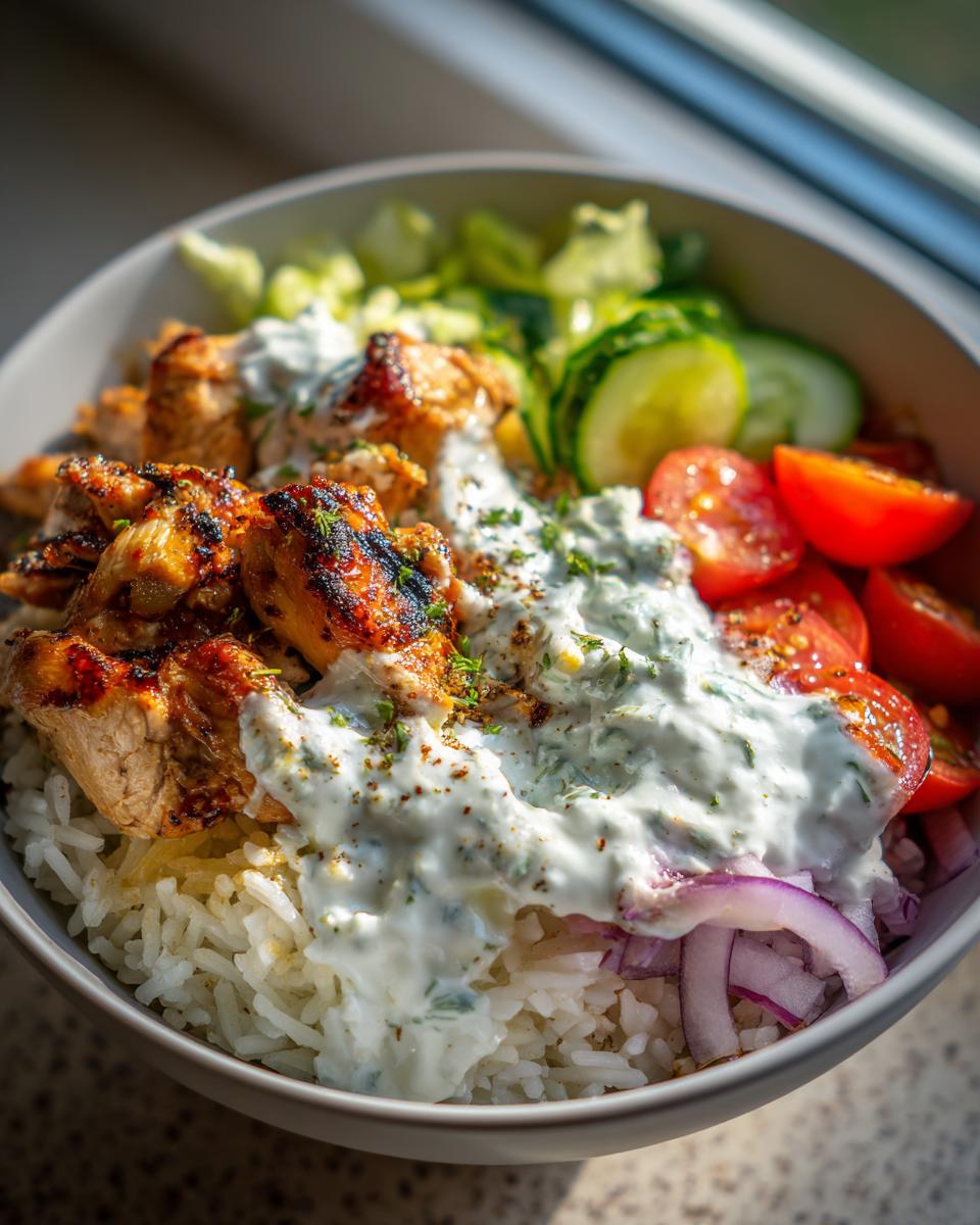 Close-up of a Greek Chicken Gyro Rice Bowl Easy Dinner with grilled chicken, rice, cucumber, tomatoes, red onion, and tzatziki sauce.