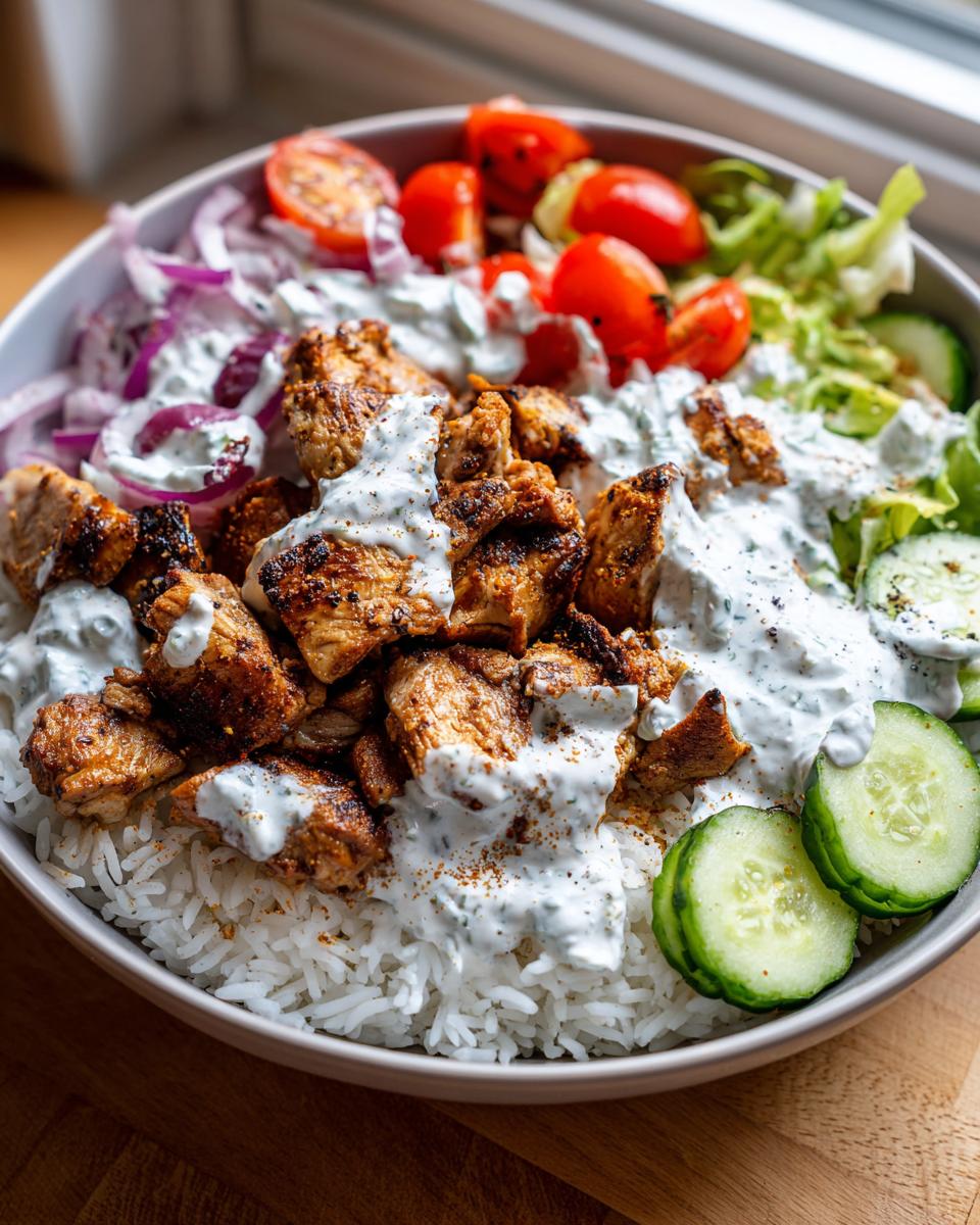 A delicious Greek Chicken Gyro Rice Bowl with seasoned chicken, rice, tomatoes, cucumbers, red onion, and tzatziki sauce.