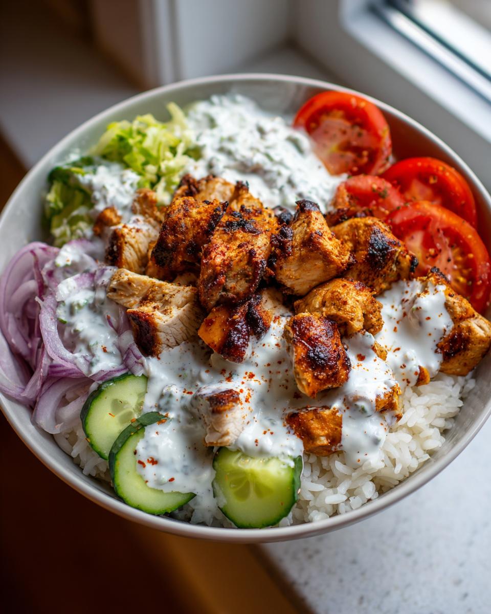 A delicious Greek Chicken Gyro Rice Bowl with grilled chicken, rice, cucumber, tomato, red onion, and tzatziki sauce.