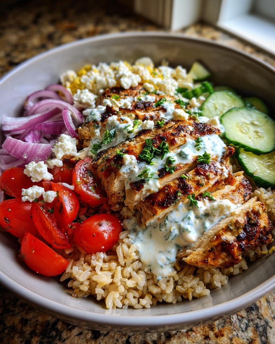 Greek Chicken Power Bowls: Quick & Delicious Meal 5 A close-up of a Greek Chicken Power Bowl with grilled chicken, rice, tomatoes, cucumber, red onion, feta, and tzatziki sauce.