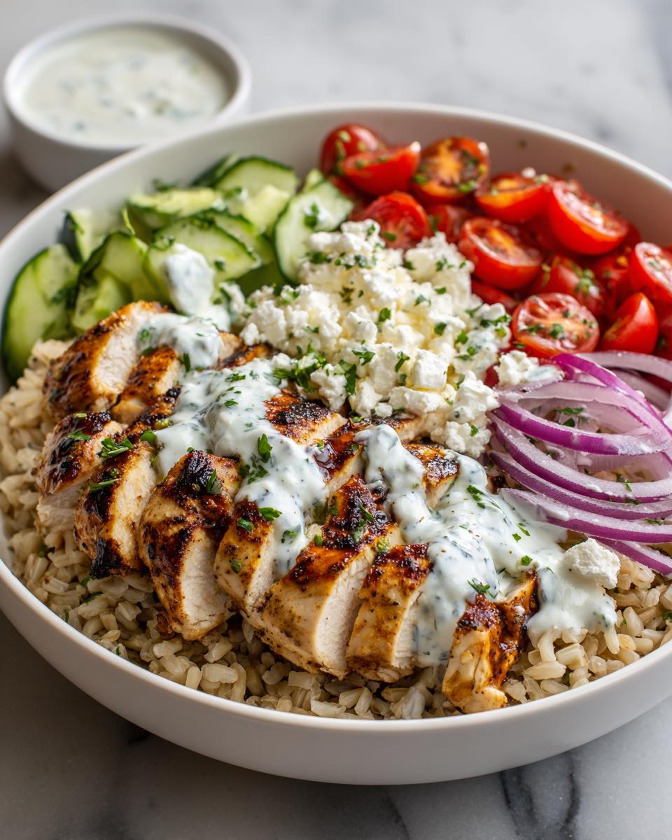 Greek Chicken Power Bowls: Quick & Delicious Meal 4 A close-up of a Greek Chicken Power Bowl with sliced grilled chicken, rice, cucumber, tomatoes, feta, and red onion, drizzled with sauce.
