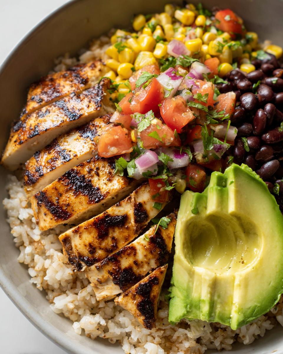 Close-up of a Grilled Avocado Chicken Bowl with Corn Salsa, featuring sliced grilled chicken, brown rice, black beans, corn, tomato, and avocado.