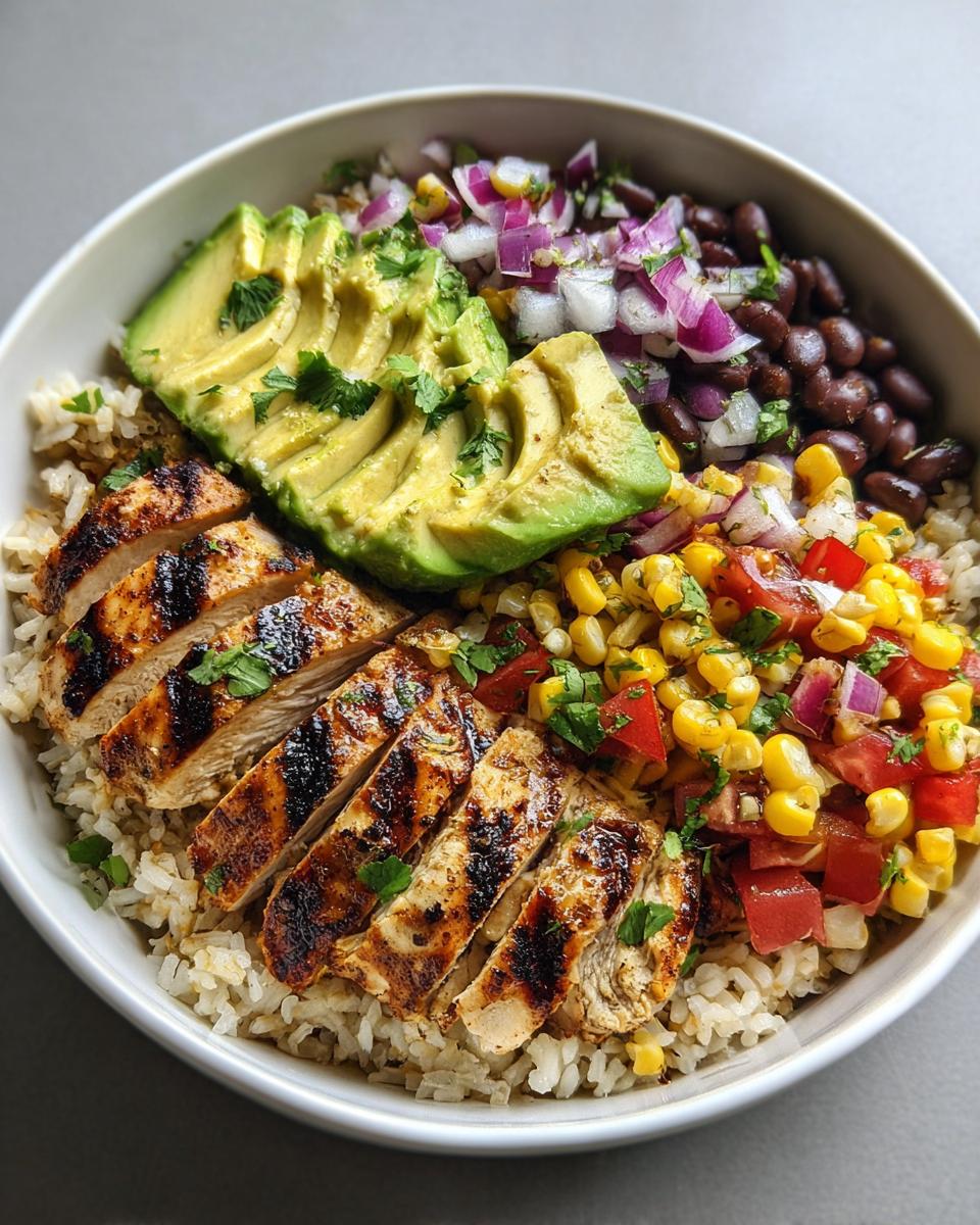 A vibrant Grilled Avocado Chicken Bowl with Corn Salsa, featuring sliced grilled chicken, creamy avocado, black beans, and corn salsa over rice.