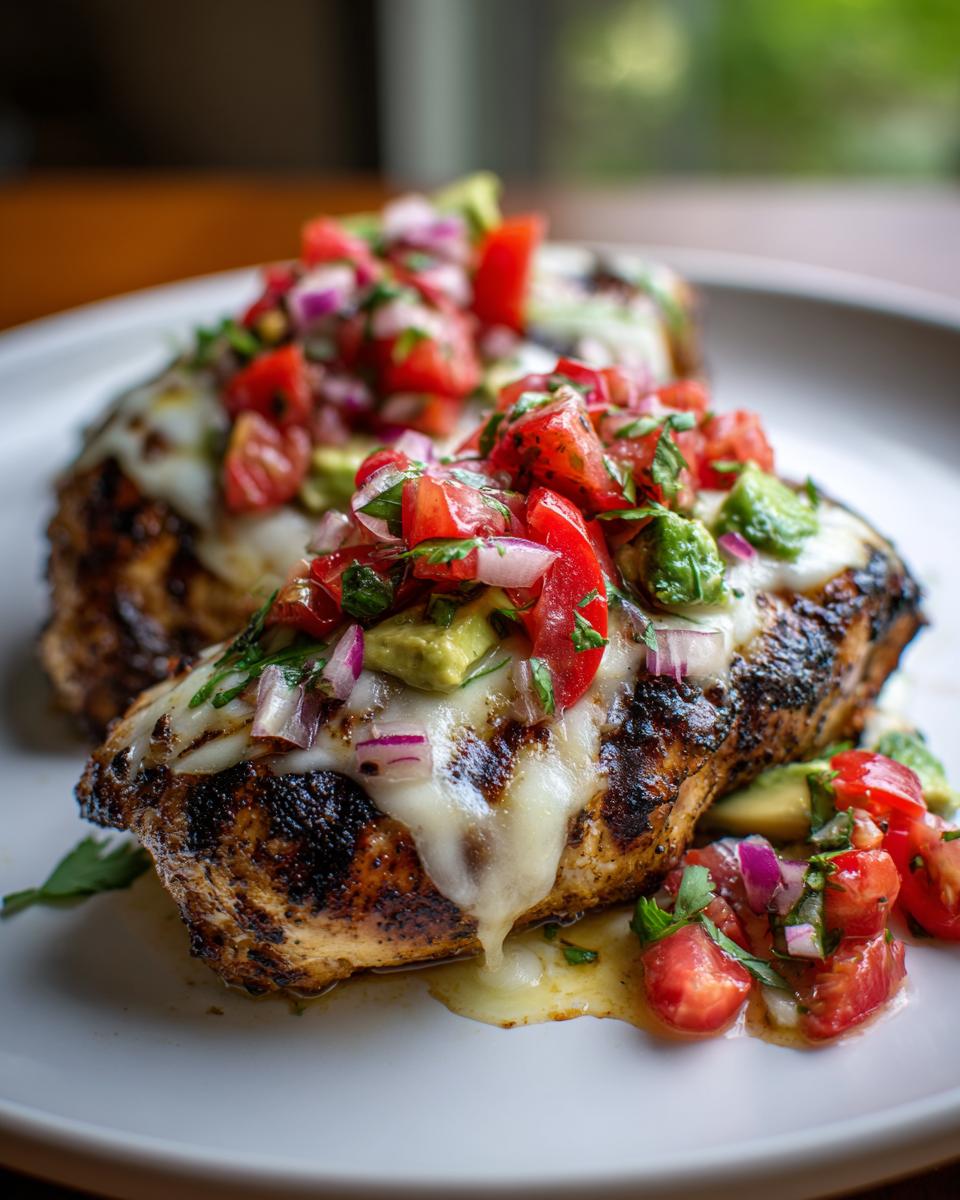 Close-up of grilled California Avocado Chicken topped with melted cheese and fresh tomato-avocado salsa.