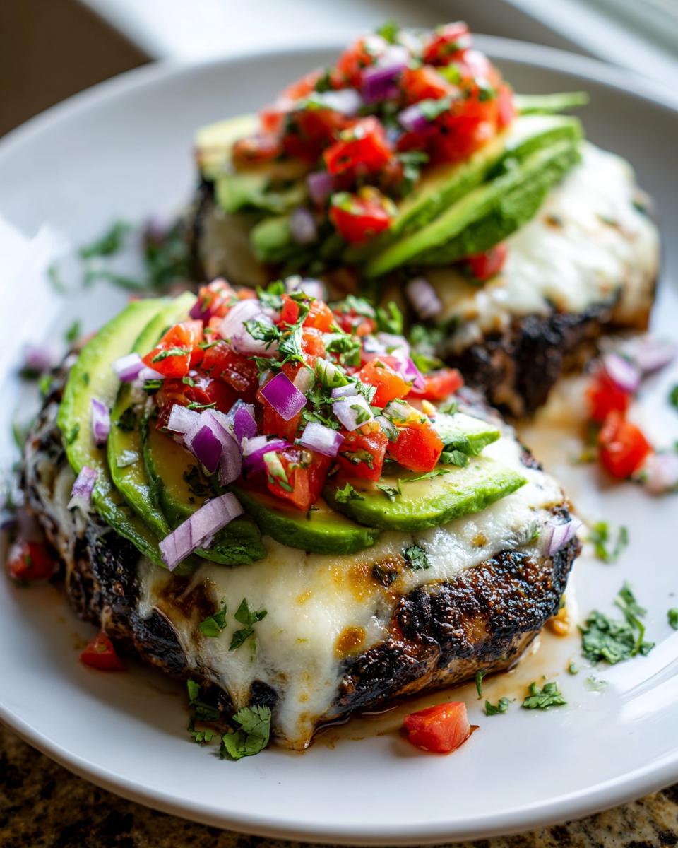 Two servings of Grilled California Avocado Chicken topped with melted cheese, sliced avocado, and pico de gallo.