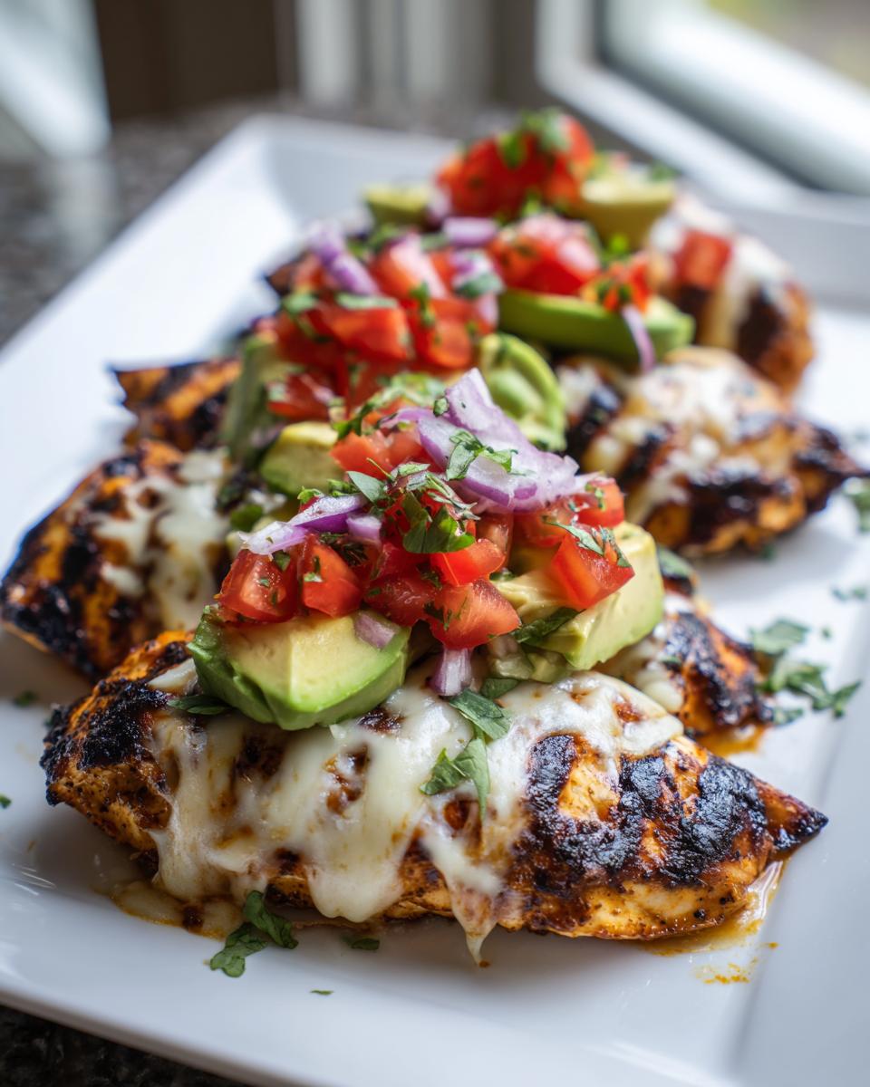 Close-up of Grilled California Avocado Chicken topped with melted cheese, diced tomatoes, avocado, and red onion.