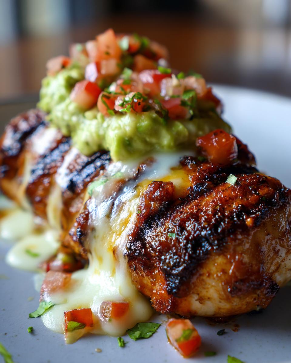 A close-up of grilled California chicken topped with creamy guacamole, diced tomatoes, and melted cheese.