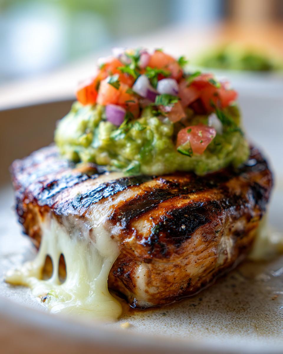 A juicy piece of Grilled California Chicken topped with fresh guacamole and pico de gallo, with melted cheese oozing from the side.