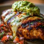 Close-up of grilled California chicken topped with melted cheese and guacamole, served with pico de gallo.