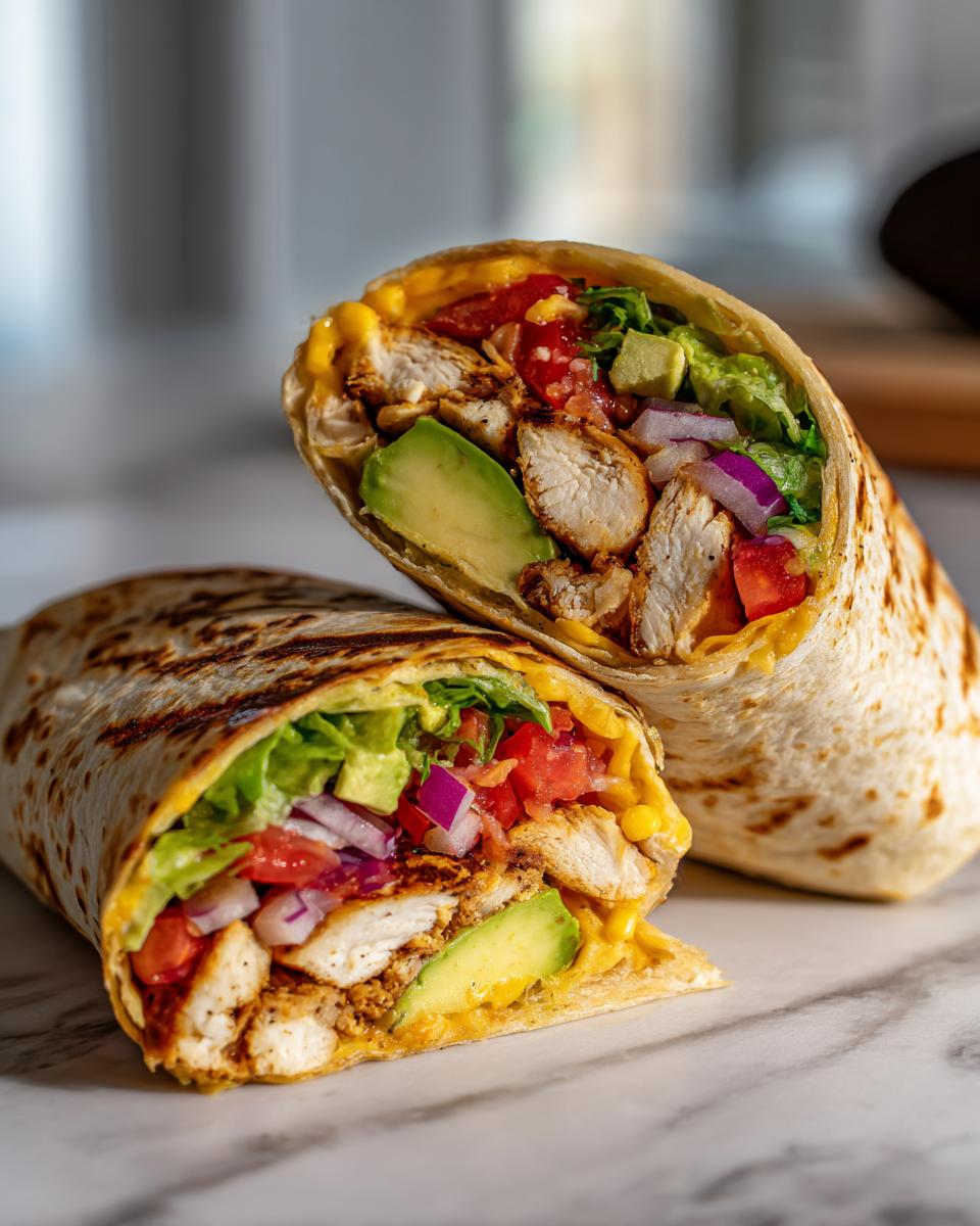A close-up of a Grilled California Chicken Wrap with Avocado, cut in half, showing grilled chicken, avocado slices, lettuce, tomato, and red onion.