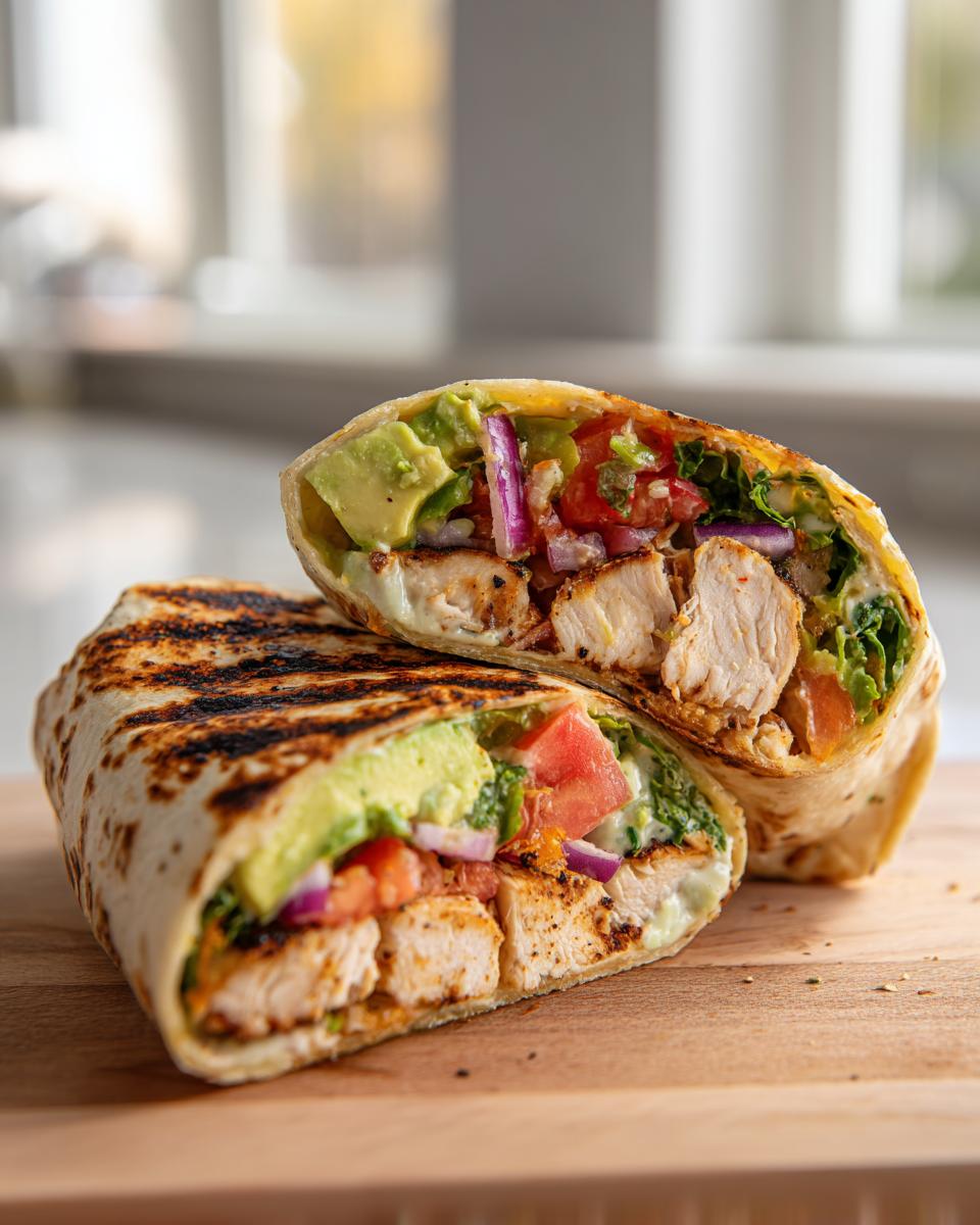 A delicious Grilled California Chicken Wrap with Avocado, cut in half to show grilled chicken, avocado, tomato, and red onion.