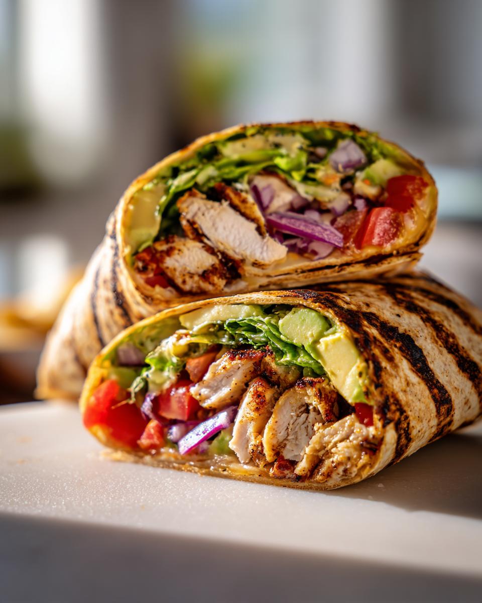 A close-up of a Grilled California Chicken Wrap with Avocado, sliced in half to reveal grilled chicken, avocado, lettuce, tomato, and red onion.