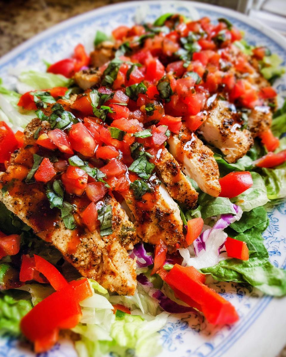 Savory Grilled Chicken Bruschetta Salad Recipe 4 A vibrant Grilled Chicken Bruschetta Salad with sliced grilled chicken, fresh tomatoes, basil, and red bell peppers on a bed of lettuce.