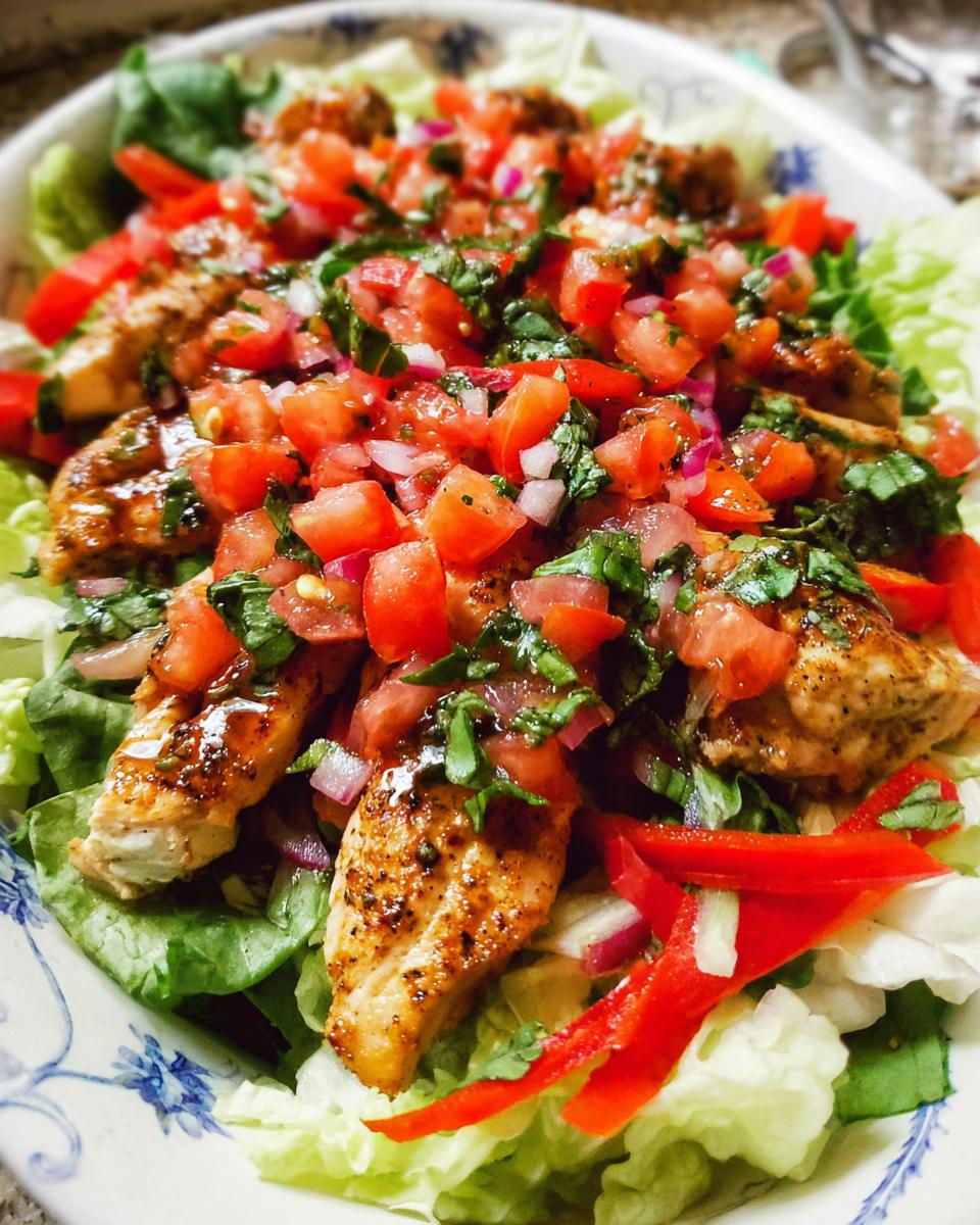 Savory Grilled Chicken Bruschetta Salad Recipe 5 Close-up of a vibrant Grilled Chicken Bruschetta Salad with fresh tomatoes, red onion, basil, and grilled chicken strips on lettuce.