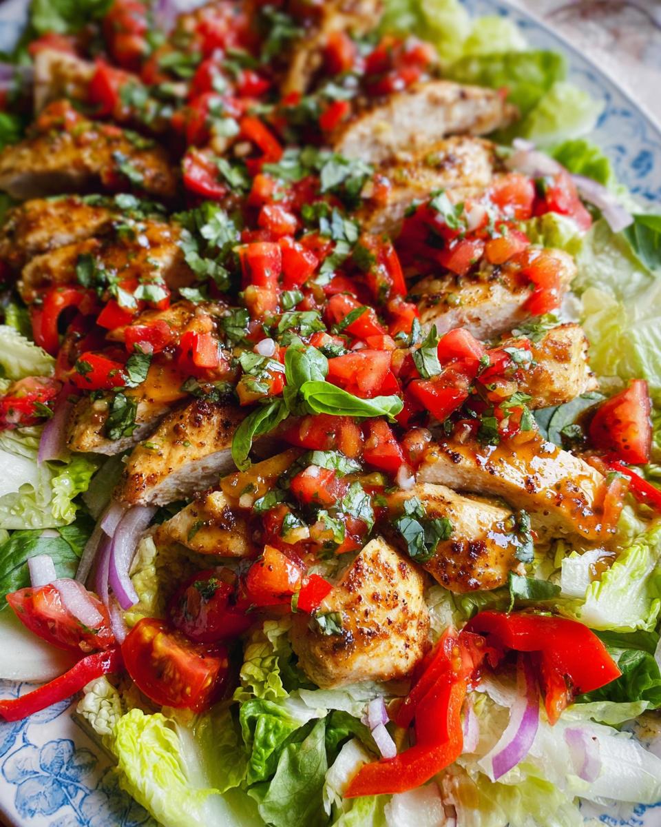 A vibrant Grilled Chicken Bruschetta Salad with fresh lettuce, tomatoes, red onion, and grilled chicken slices.