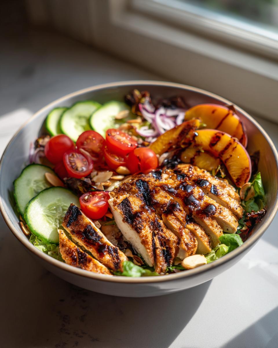 A vibrant Grilled Peach Chicken Salad Summer Bowl with grilled chicken, sliced peaches, cucumbers, tomatoes, and almonds.