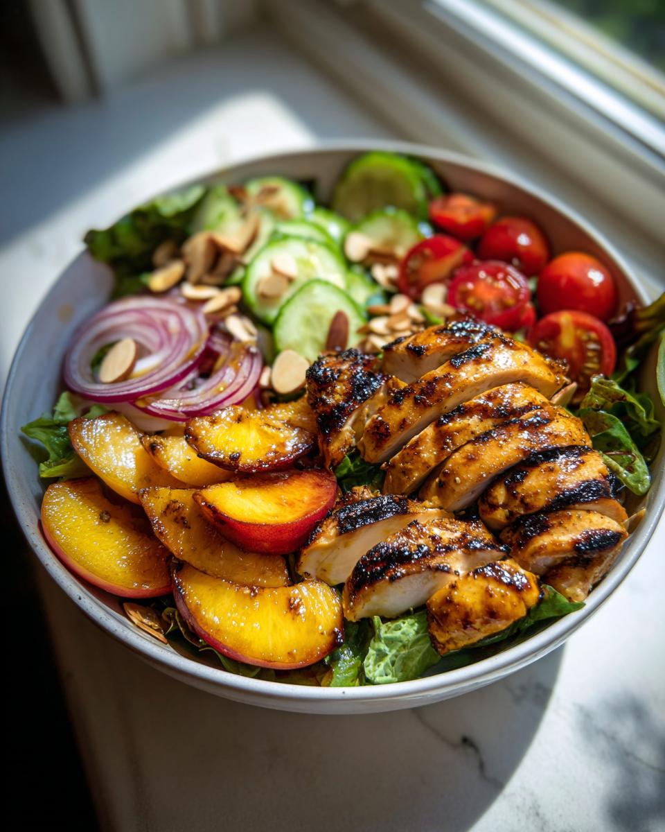 Close-up of a Grilled Peach Chicken Salad Summer Bowl with fresh ingredients and grilled chicken.