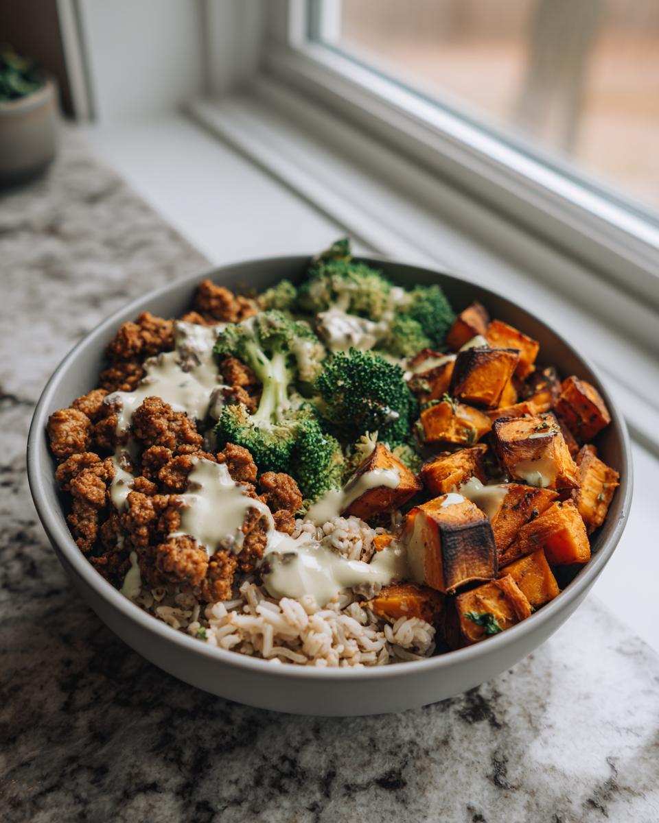 A close-up of a Ground Turkey Sweet Potato Meal Prep Bowl filled with rice, seasoned ground turkey, roasted sweet potatoes, and broccoli, drizzled with sauce.