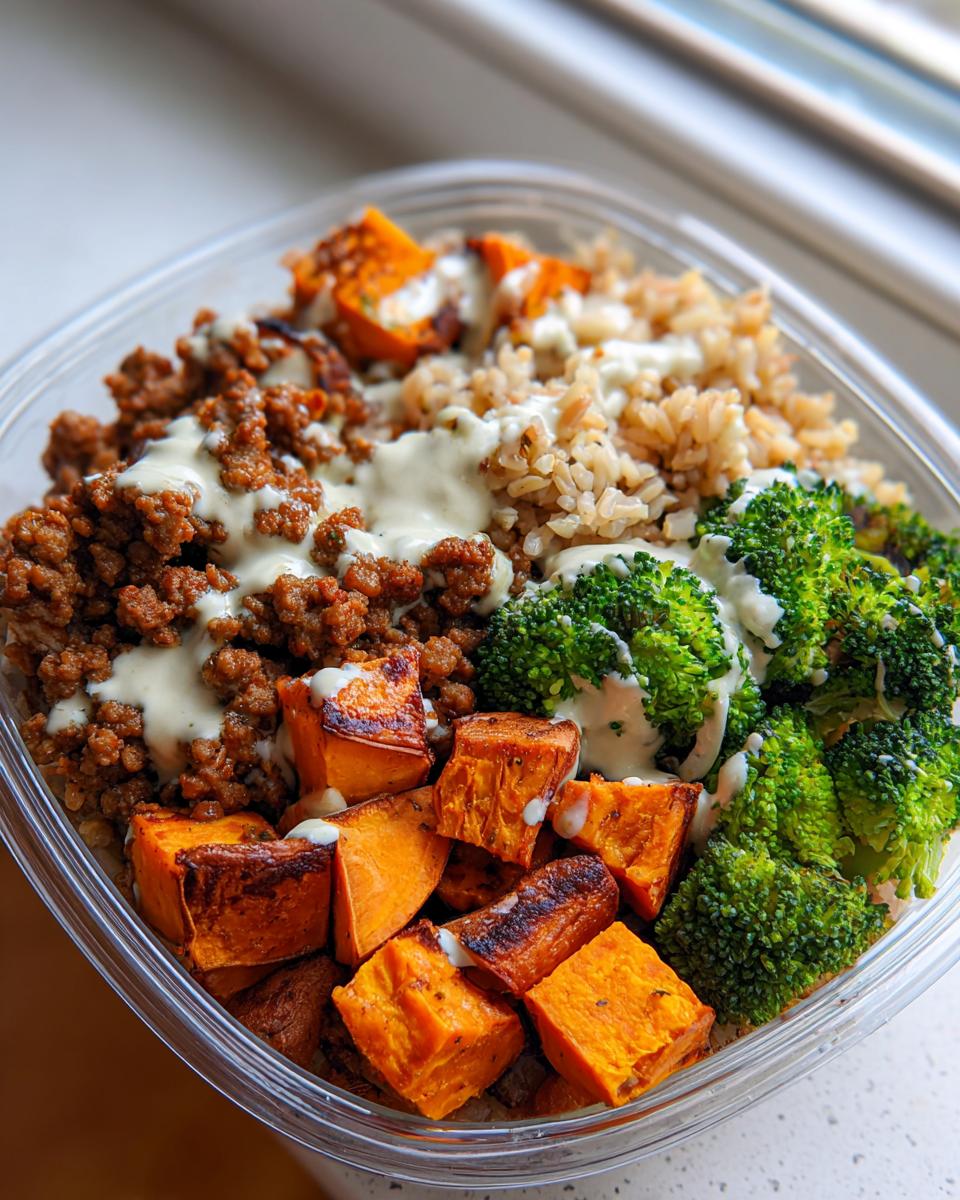 A close-up of a Ground Turkey Sweet Potato Meal Prep Bowl with rice, broccoli, and a creamy dressing.
