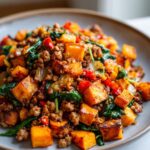 Close-up of a hearty Ground Turkey and Sweet Potato Skillet Dinner with spinach and red peppers.