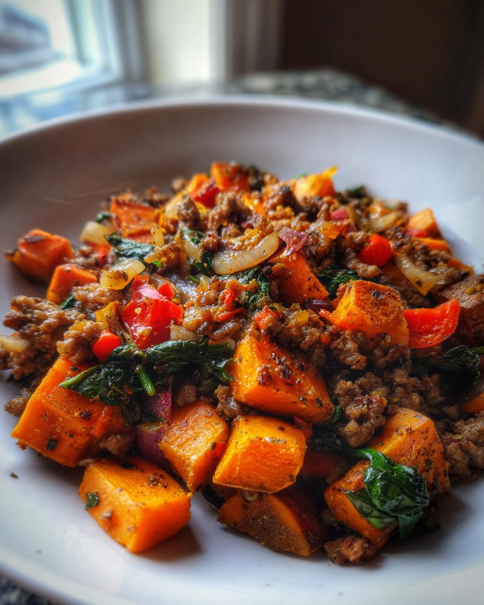 A close-up of a hearty Ground Turkey and Sweet Potato Skillet Dinner in a white bowl, featuring cubed sweet potatoes, ground turkey, spinach, and red peppers.