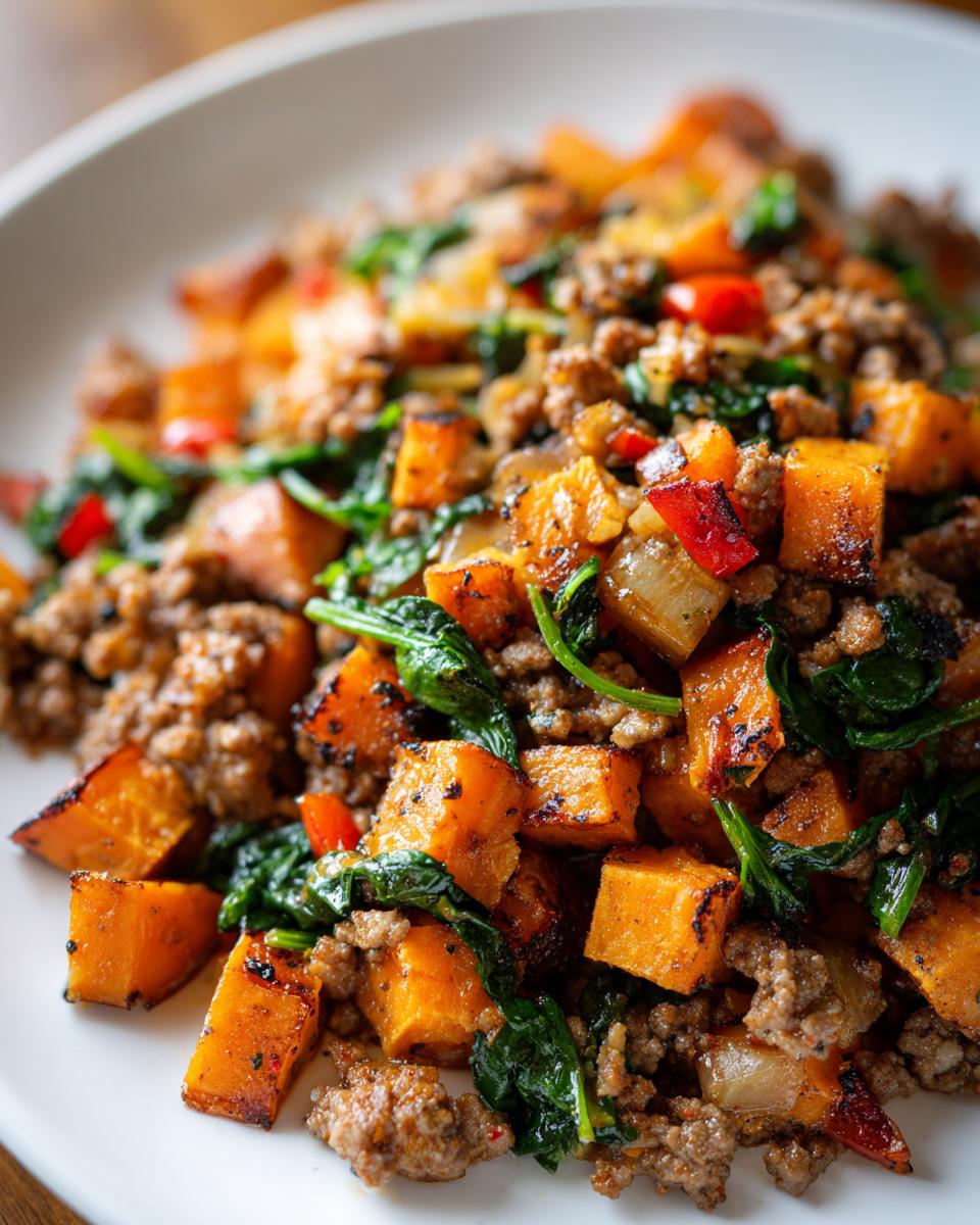 A close-up of a Ground Turkey and Sweet Potato Skillet Dinner, featuring cubed sweet potatoes, ground turkey, spinach, and red peppers.