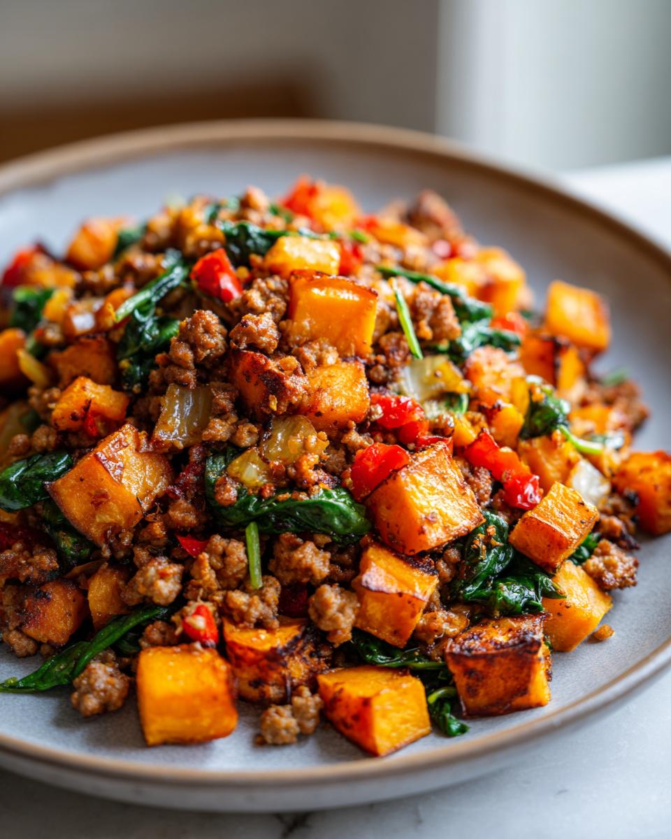 A close-up of a Ground Turkey and Sweet Potato Skillet Dinner on a plate, featuring browned sweet potato cubes, seasoned ground turkey, and wilted spinach.