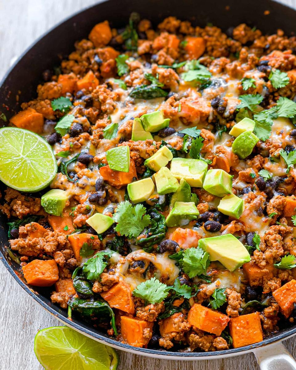 A close-up overhead view of a Ground Turkey Sweet Potato Taco Skillet, topped with avocado, cilantro, and lime wedges.