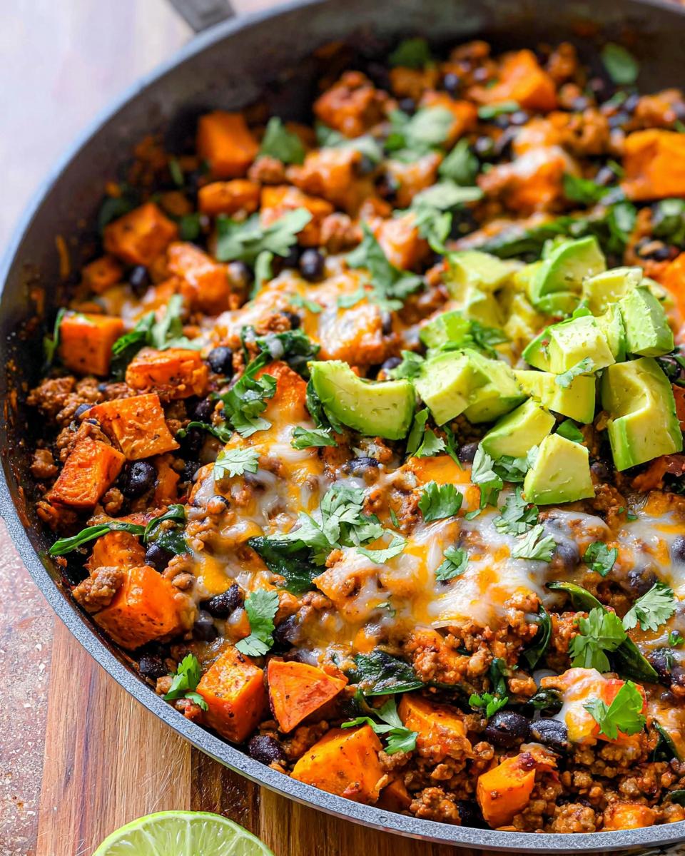 A close-up of a Ground Turkey Sweet Potato Taco Skillet Recipe in a pan, topped with melted cheese, avocado, and cilantro.