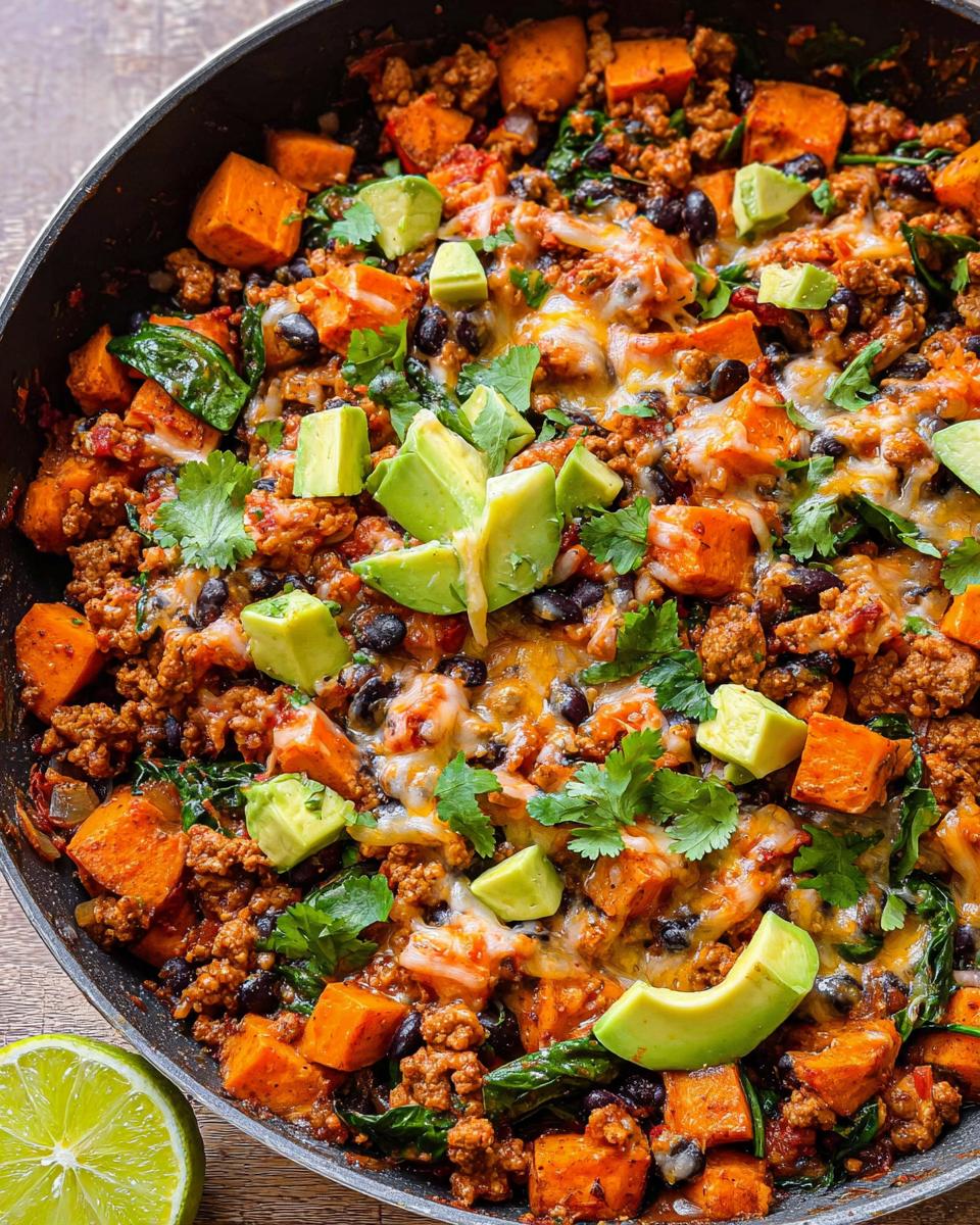 Close-up of a Ground Turkey Sweet Potato Taco Skillet with black beans, avocado, and cilantro.