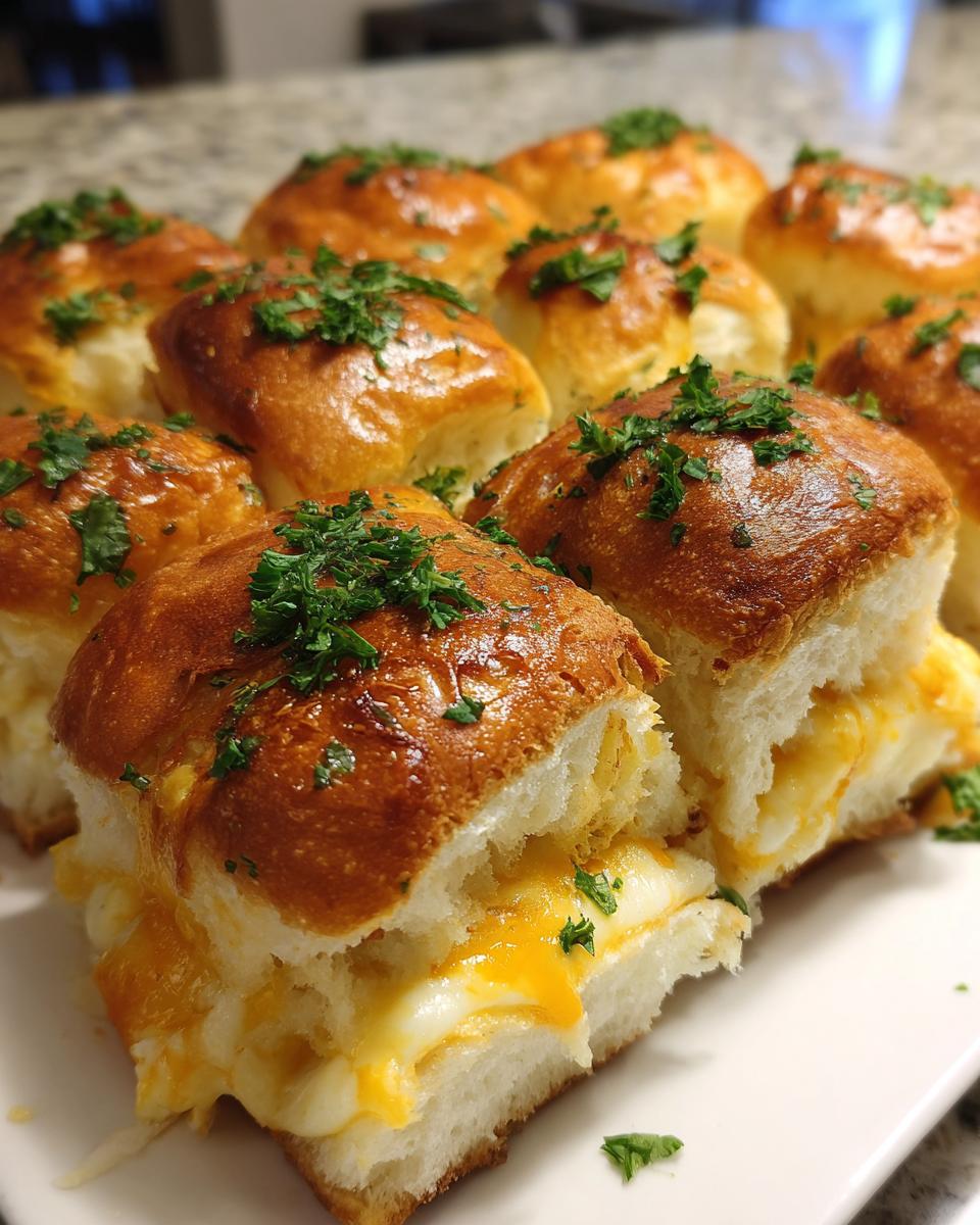 Easy Hawaiian Roll Mini Grilled Cheese Party Snack 4 Close-up of Hawaiian Roll Mini Grilled Cheese sliders, showing gooey melted cheese and fresh parsley.