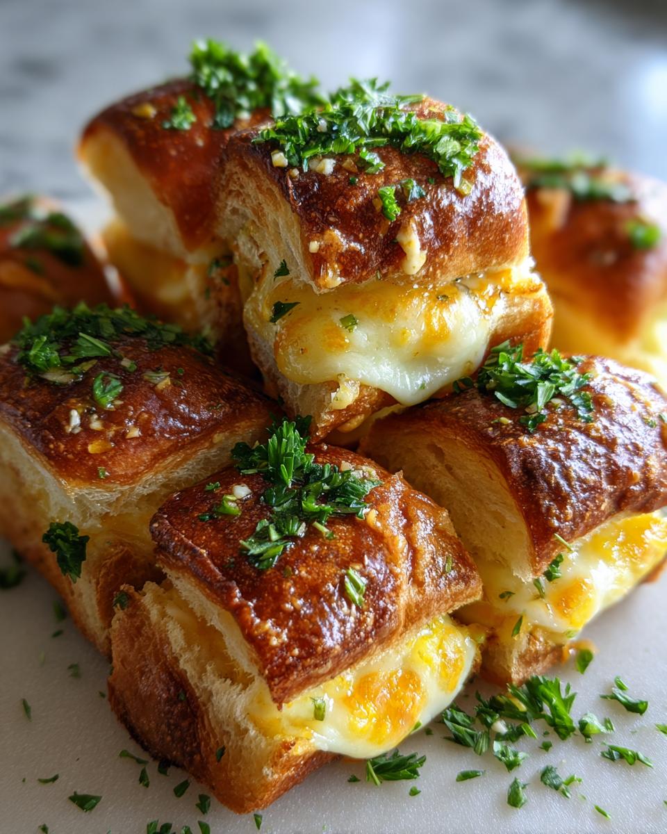 Easy Hawaiian Roll Mini Grilled Cheese Party Snack 5 A stack of Hawaiian Roll Mini Grilled Cheese, oozing with melted cheese and topped with fresh parsley.