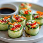 Close-up of Healthy Cucumber Sushi Rolls Easy Summer Snack filled with vegetables and sesame seeds, served with soy sauce.