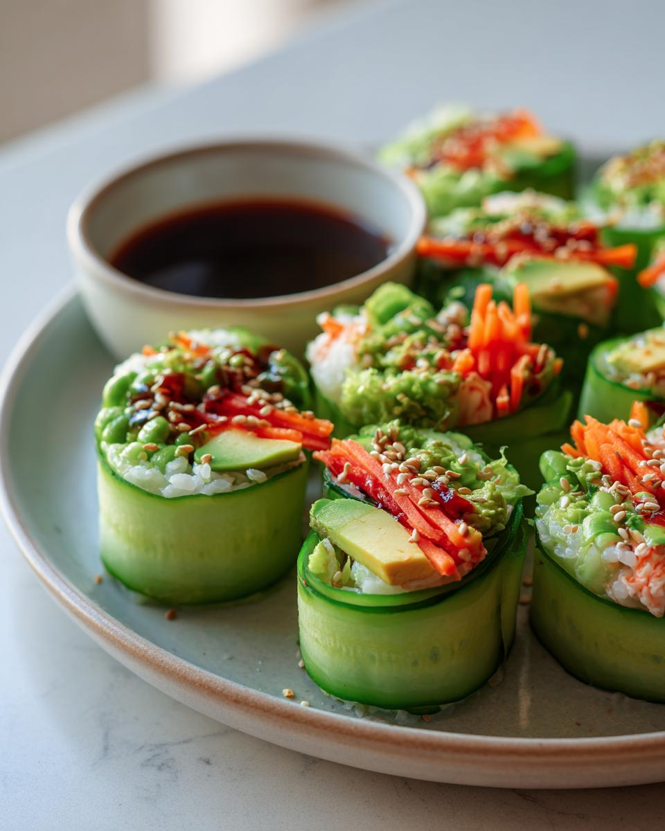 A plate of healthy cucumber sushi rolls filled with rice, avocado, shredded carrots, and edamame, served with soy sauce.