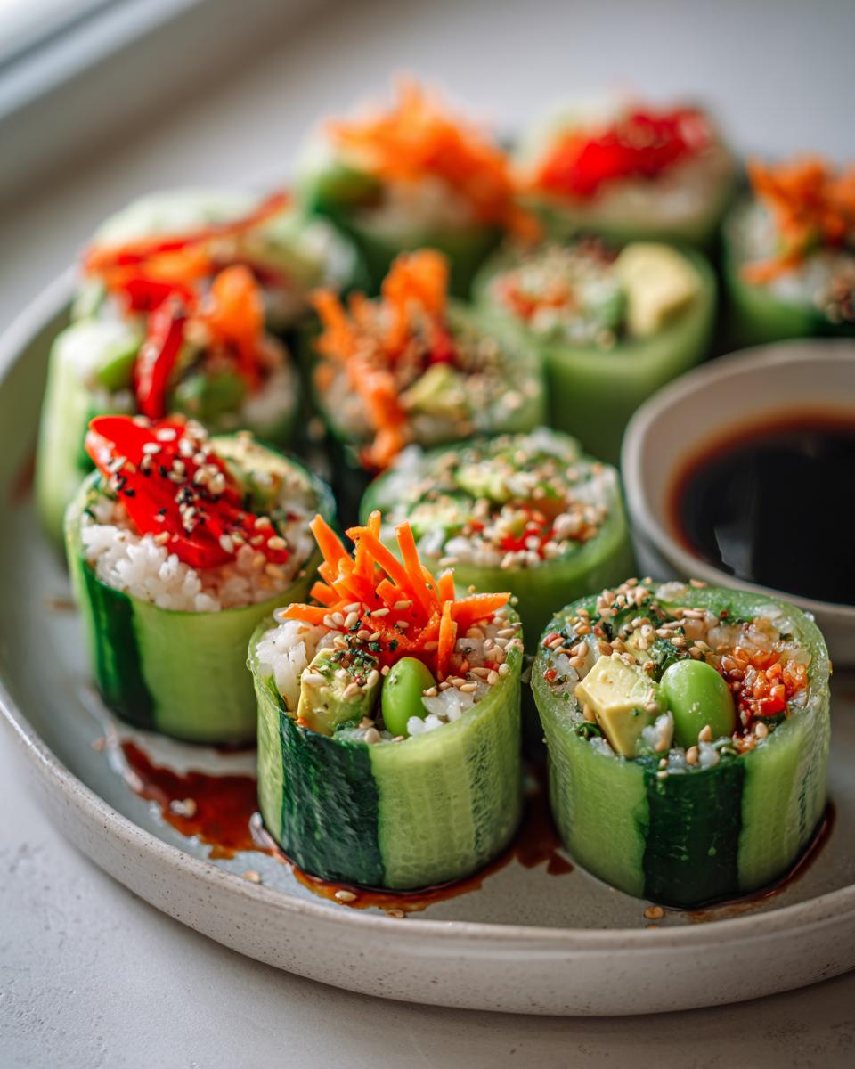 Close-up of Healthy Cucumber Sushi Rolls filled with rice, avocado, edamame, and carrots, drizzled with soy sauce.