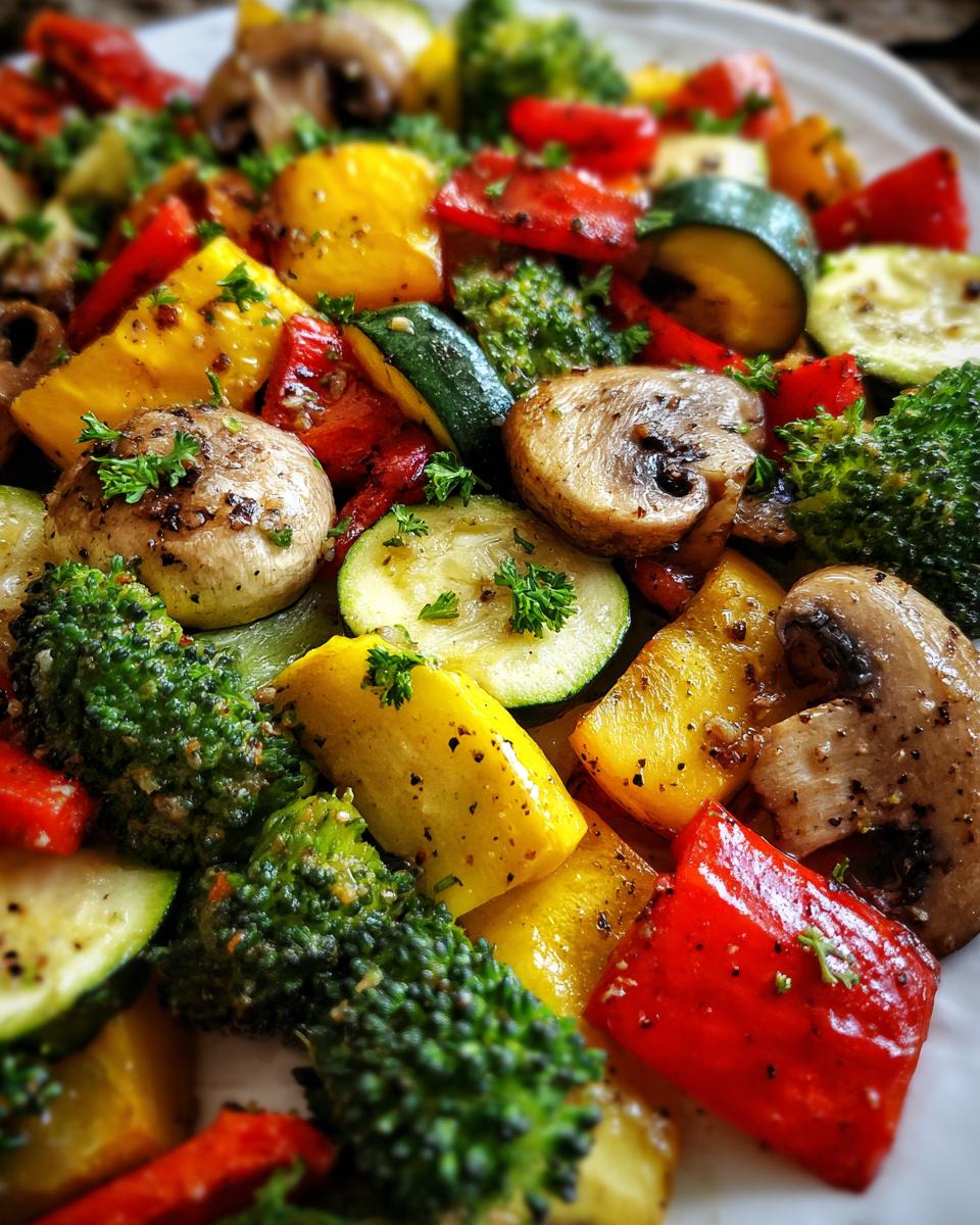 A vibrant and colorful mix of healthy sautéed vegetables, including broccoli, bell peppers, zucchini, and mushrooms, seasoned and garnished with parsley.