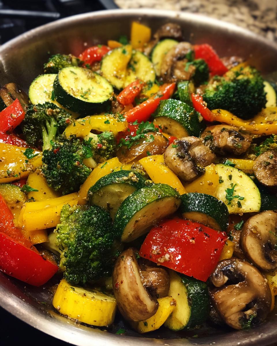 Close-up of a pan filled with Healthy Sautéed Vegetables Quick, including broccoli, zucchini, bell peppers, and mushrooms.