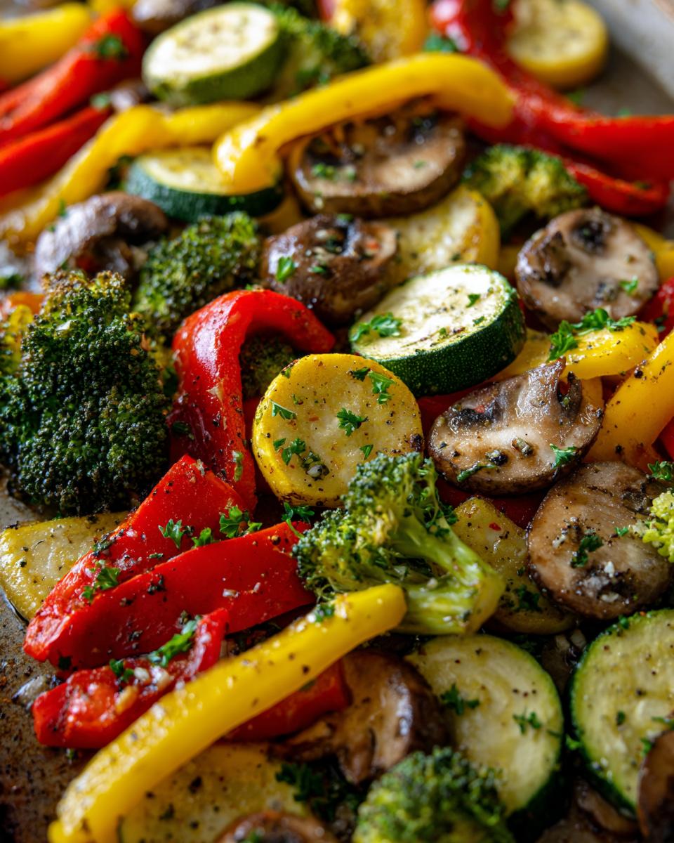 A vibrant and colorful mix of healthy sautéed vegetables, including broccoli, bell peppers, zucchini, and mushrooms, seasoned with herbs.