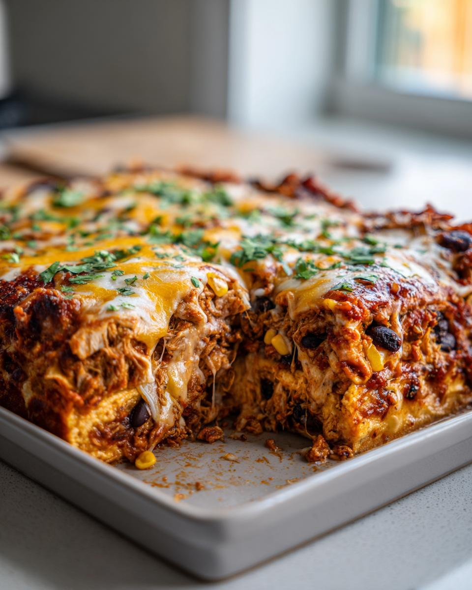 A slice of High Protein Chicken Enchilada Casserole, showing shredded chicken, black beans, corn, and melted cheese.
