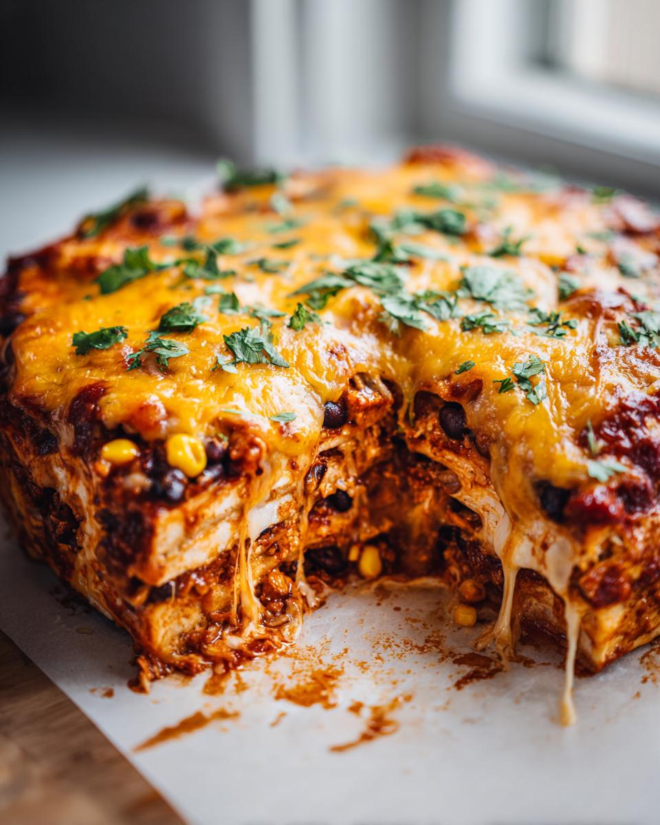 A slice of High Protein Chicken Enchilada Casserole with melted cheese and cilantro.