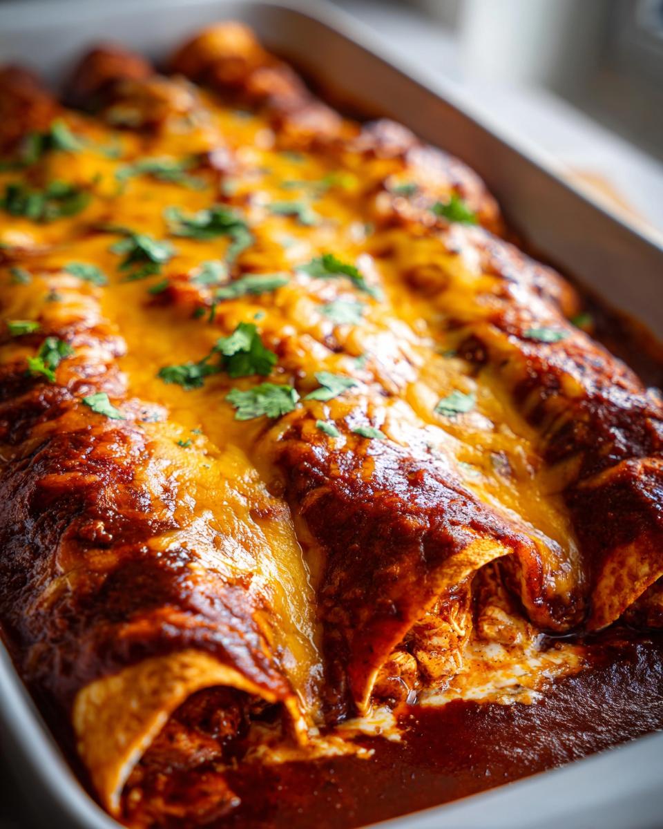 Close-up of High Protein Chicken Enchiladas baked in a dish, topped with melted cheese and cilantro.