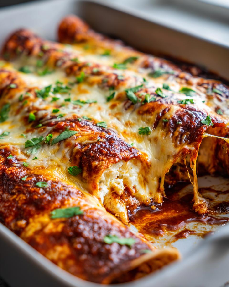 Close-up of cheesy High Protein Chicken Enchiladas in a baking dish, with melted cheese stretching as one is lifted.