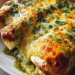 Close-up of delicious High Protein Chicken Enchiladas with Green Sauce, topped with melted cheese and cilantro.
