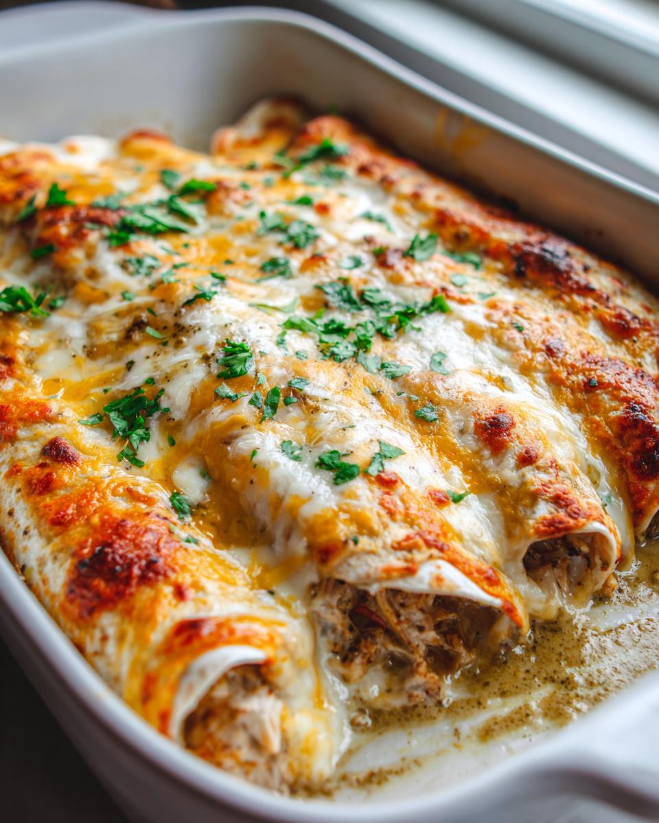 A close-up of baked High Protein Chicken Enchiladas with Green Sauce, topped with melted cheese and fresh cilantro.