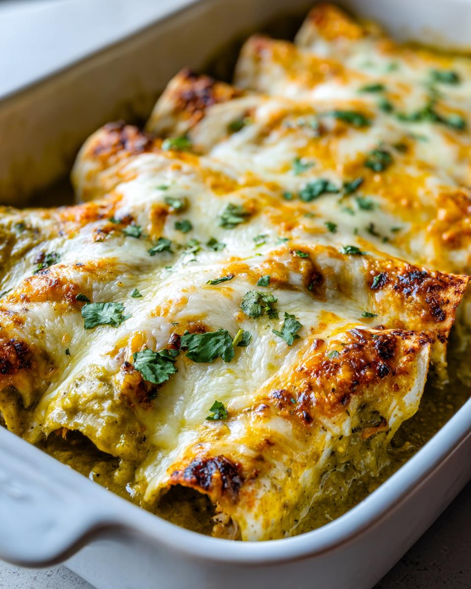 Close-up of High Protein Chicken Enchiladas with Green Sauce, baked with melted cheese and cilantro.