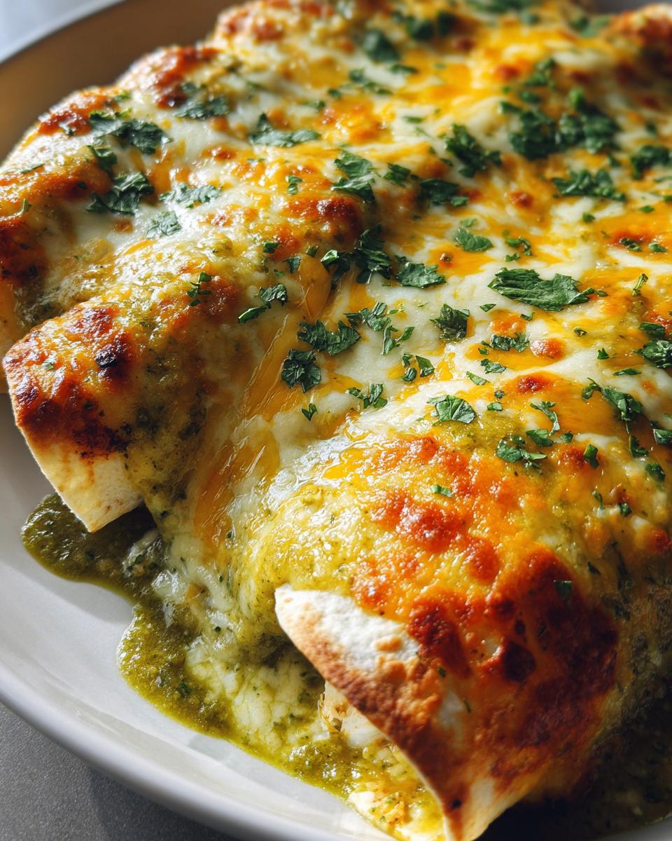 Close-up of High Protein Chicken Enchiladas covered in melted cheese and green sauce, garnished with cilantro.