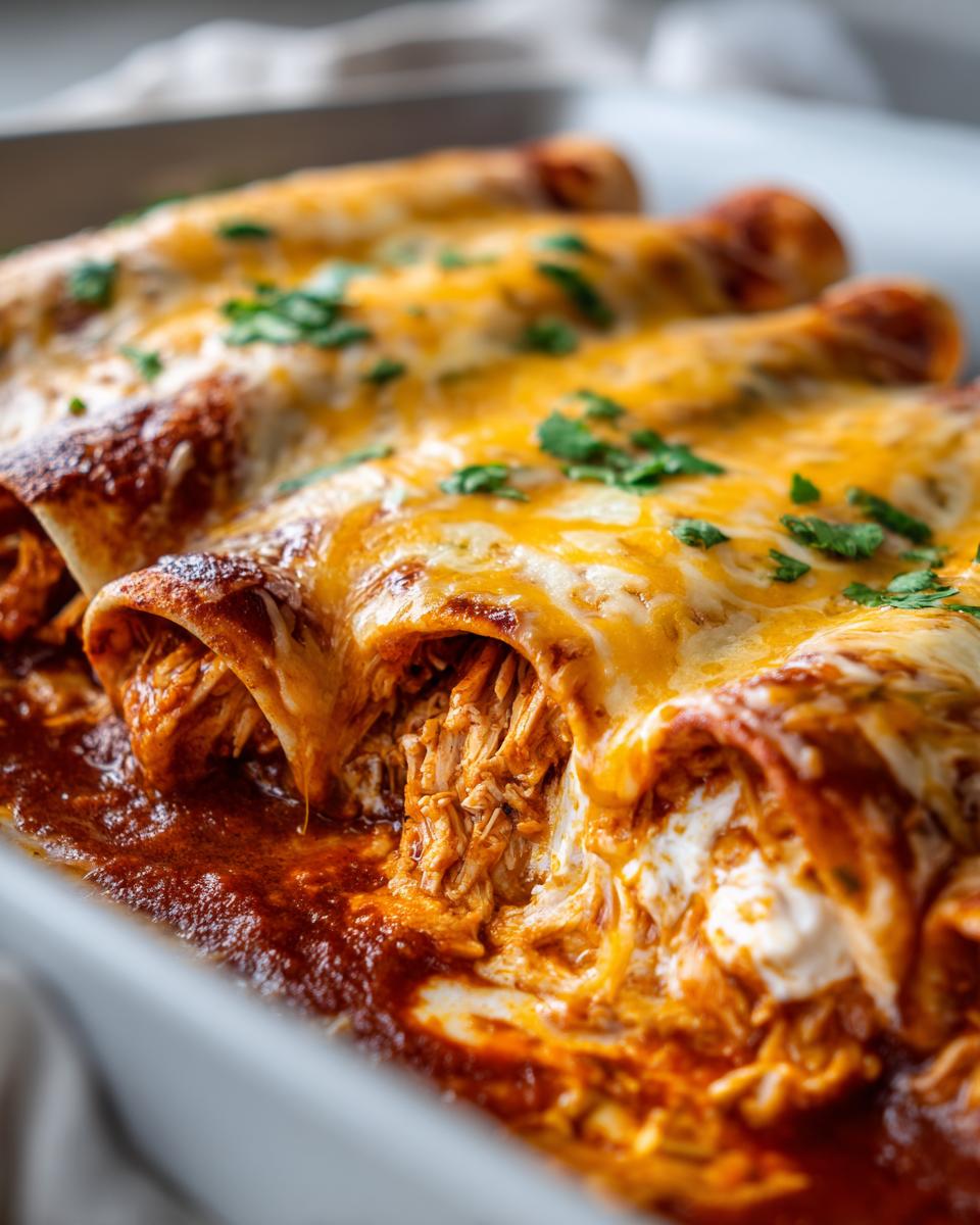 Close-up of High Protein Chicken Enchiladas baked in a dish, topped with melted cheese and cilantro.