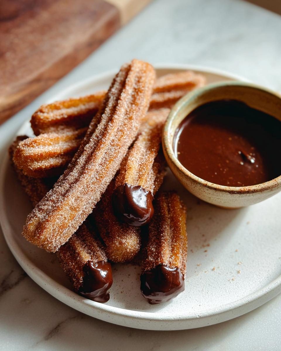 Homemade Churros with Chocolate Sauce: 30 Min Treat 4 A plate of freshly made Homemade Churros with Chocolate Sauce, dusted with cinnamon sugar.