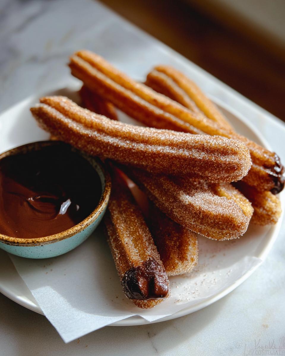 Homemade Churros with Chocolate Sauce: 30 Min Treat 5 A plate of freshly made Homemade Churros with Chocolate Sauce, dusted with cinnamon sugar.